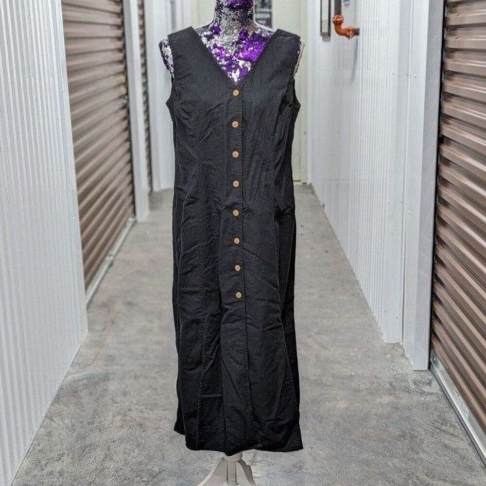 Vintage Erika Size XL Black Button Front Linen Blend Dress with Beaded Back